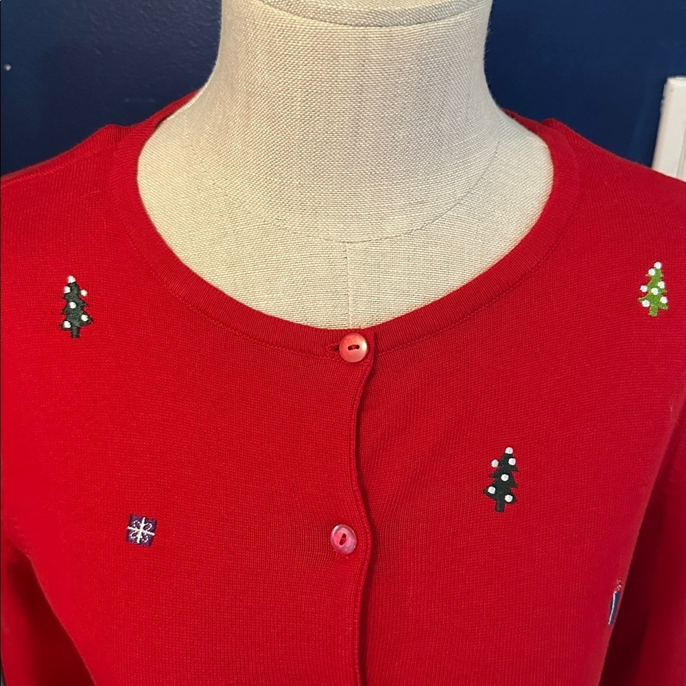 Vintage Christopher Banks Red Christmas Present Cardigan Cotton Sweater Size M - Picture 3 of 8